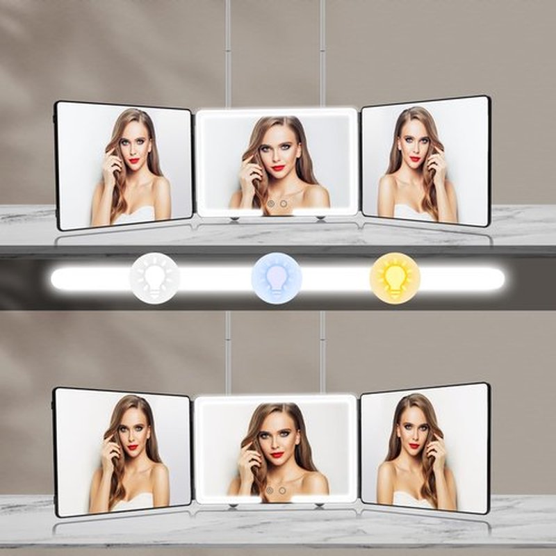JANMPASK 3 Way Mirror, LED Home Mirror for Self Hair Cutting, 14x9 inches, Door Mount, 360 Makeup Mirror with Light, Adjustable, 10x Magnification