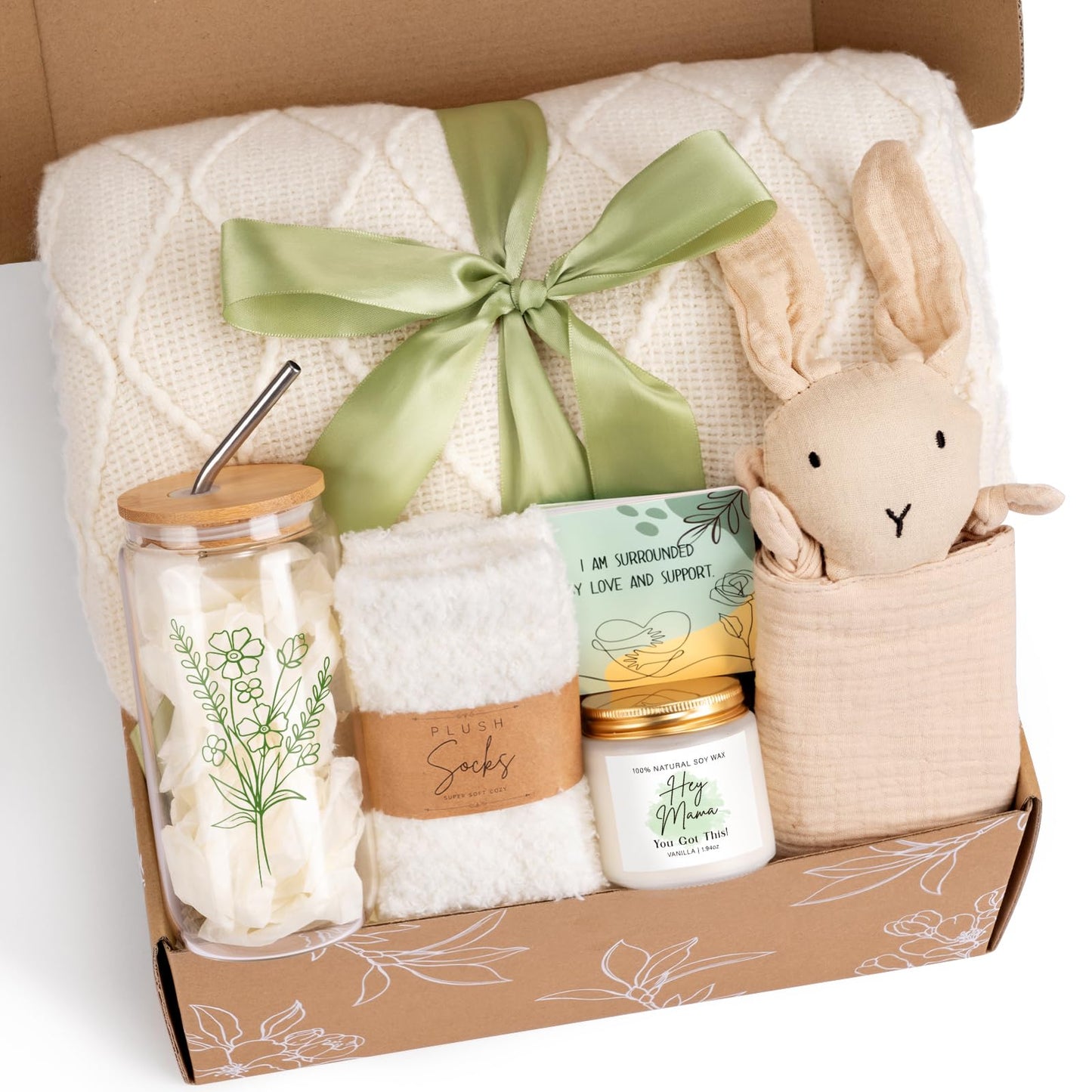 New Mom Gifts, New Mom Care Package After Baby, Baby Shower Gifts for Mom to Be, Pregnancy Gifts for Expecting Mother, Unique 16OZ Mama Glass Cup Knitted Blanket Gift Baskets for Women (Green)