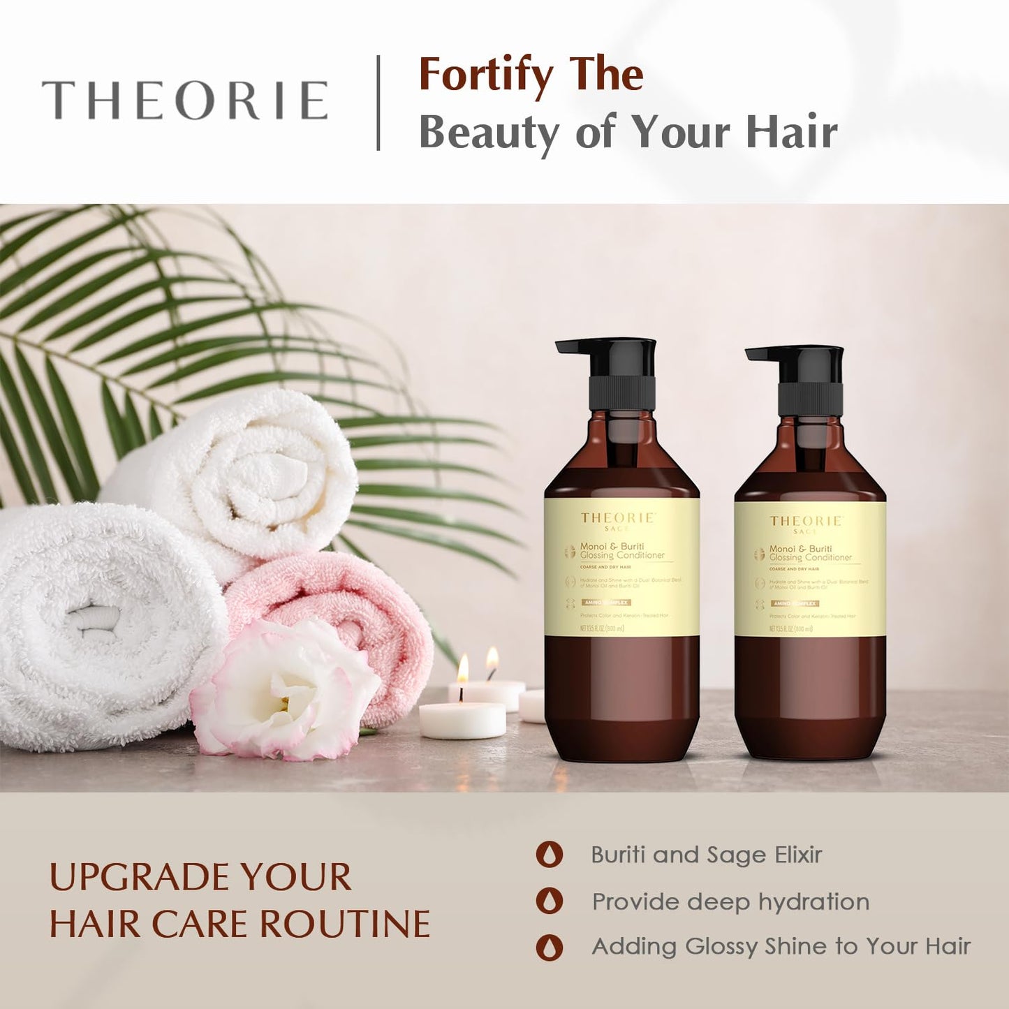 Theorie Monoi and Buriti Glossing Conditioner - Hydrate & Shine - Suited for Coarse and Dry Hair - Protects Color & Keratin Treated Hair, Pump Bottle 800mL