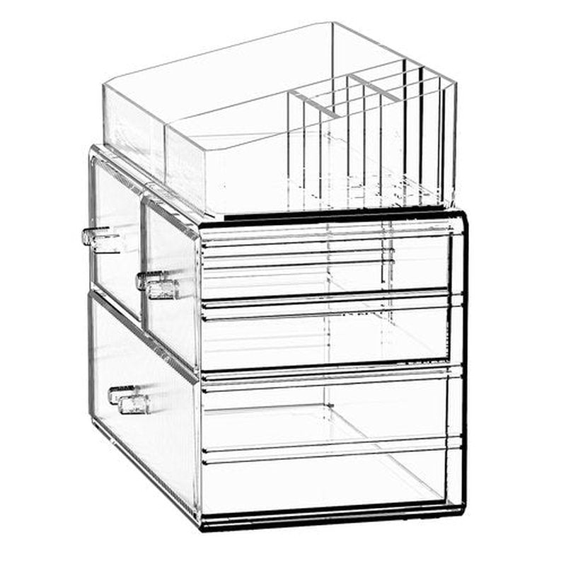 ZHIAI Stackable Storage Drawers, Acrylic Bathroom Counter Organizer Clear Makeup Organizers for Vanity, Kitchen Cabinets, Bathroom, Undersink, Home Organization and Storage (1 Top 3 Drawers)
