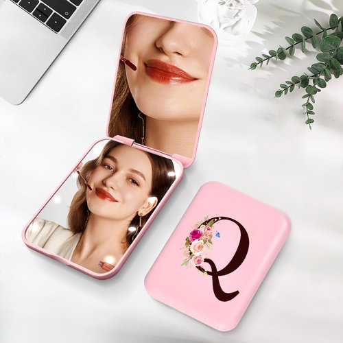 KEWWADB Travel Mirror with Lights, Initials Portable Compact Mirror, Travel Essentials, Suitable for Teen Girls, Young Women Gifts Ideas, Birthdays Gifts(Pink) (Q)