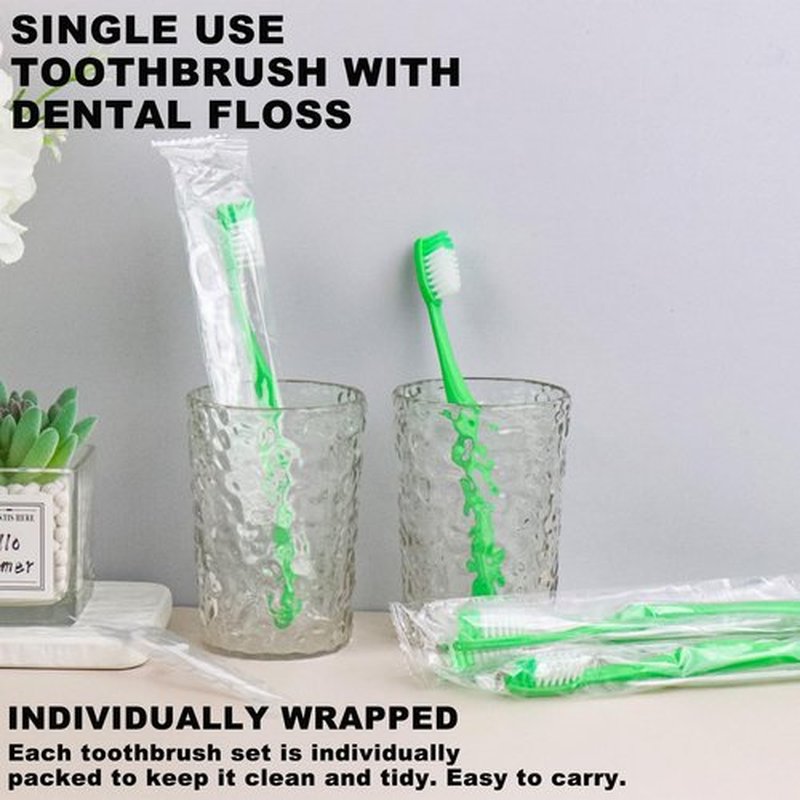 HAIFOTRVA 100 Packs Disposable Toothbrushes with Floss,Green Single Use Individually Wrapped Disposable Travel Toothbrushes and Dental Floss Kit Bulk for Homeless,Airbnb,Hotel,Dentist (100)