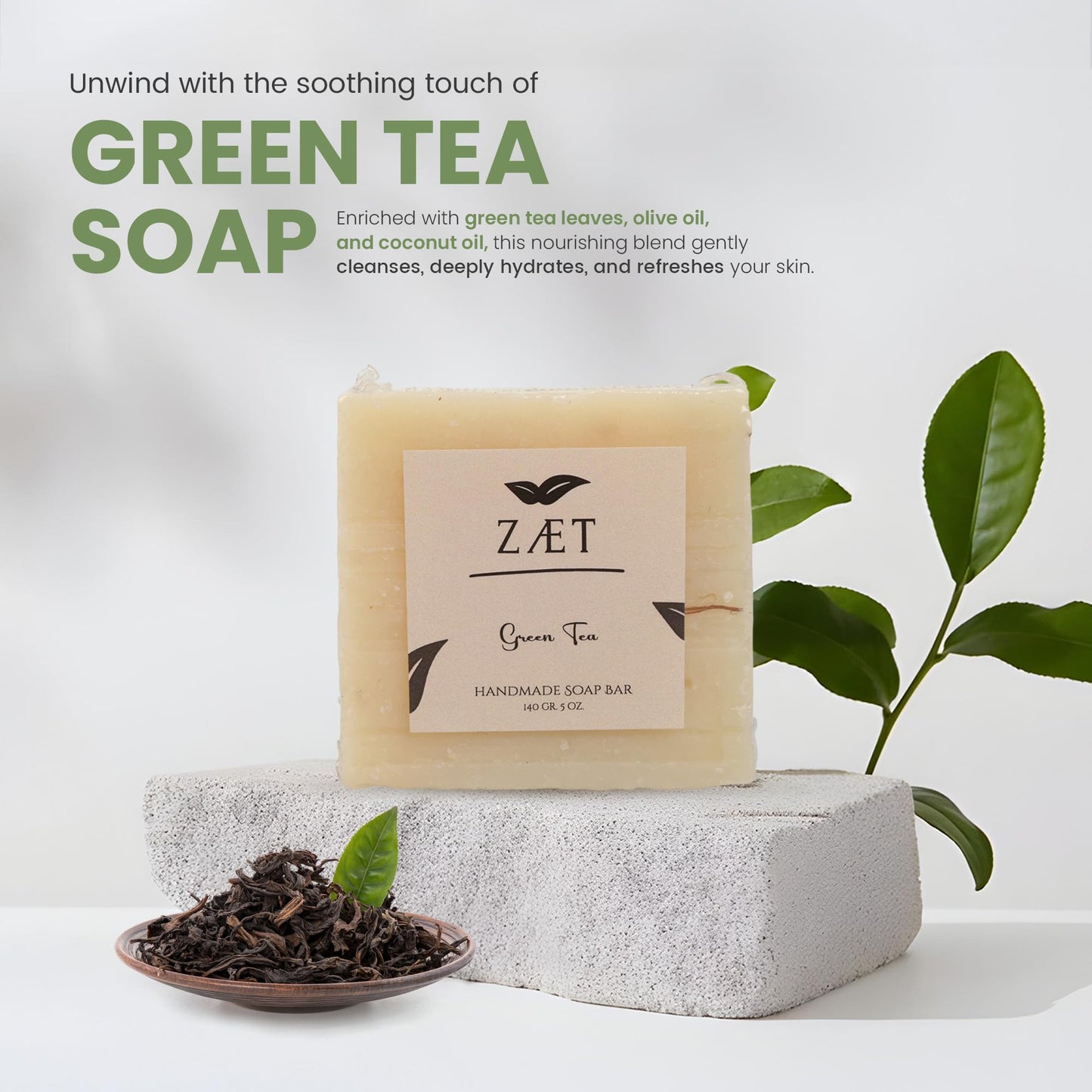 ZÆT Green Tea Soap Bar, 4 Pack Natural Handmade Bar Soap with Olive, Almond & Coconut Oil, Moisturizing Soap Bar for Hands & Body, Gentle Non Toxic Bath Soap for All Skin Types, 140g Each