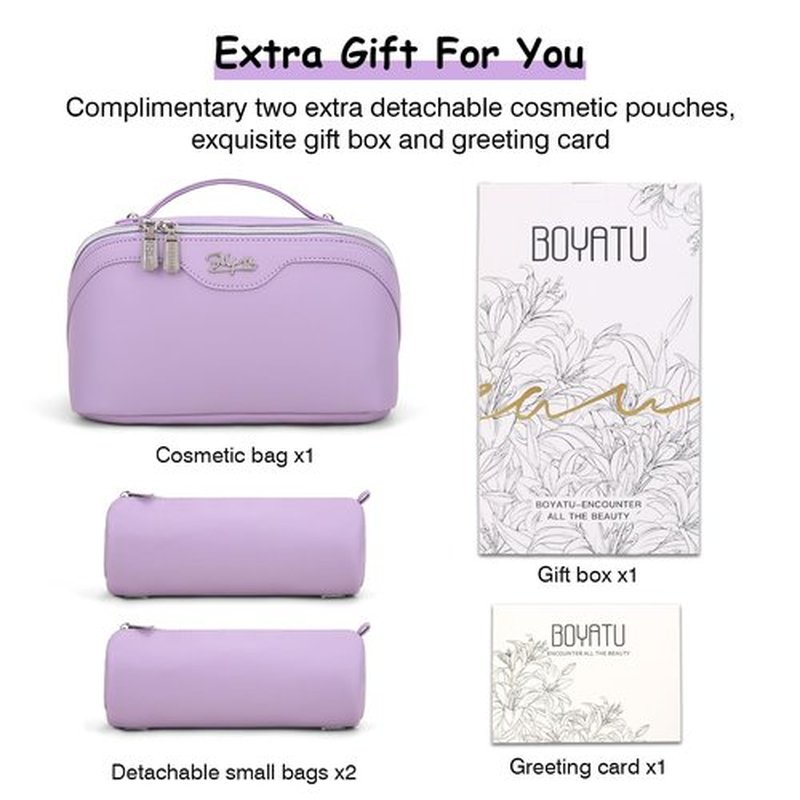 Travel Makeup Bags Cosmetic Organizer Bag: 3-Set Large Capacity Make up Bag - PU Leather Toiletry Bag for Women - Wide Open Portable Pouch with Divider & Handle (09-lilac)