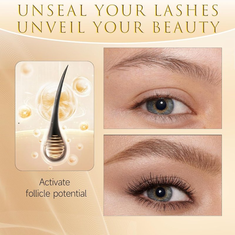 Eyelash Growth Serum - 15 Plant Extracts for Longer, Denser Lashes | Hypoallergenic, Oil-Free, Black-Gold