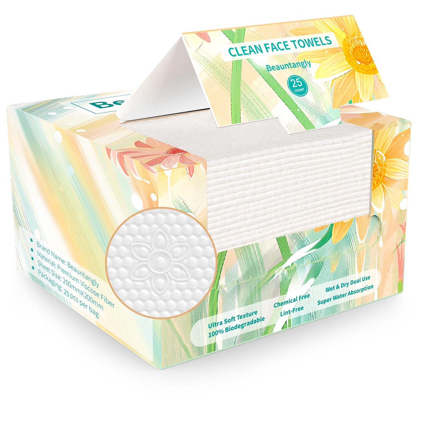 Beauntangly Disposable Face Towel, Soft & Thick Lint-Free Biodegradable Face Towelettes, Makeup Remover Dry Wipes, Facial Tissue for Camping Travel Essentials, 25 Count