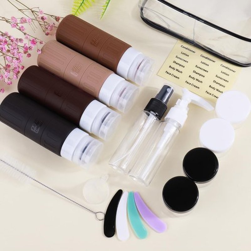 GLAMFIELDS Travel Bottles for Toiletries,TSA Approved 3.3oz Size LeakProof Silicone Toiletry Containers for Shampoo, Conditioner,Easy to Squeeze，Portable Travel Essentials for Lotion(18 Pack) Coffee