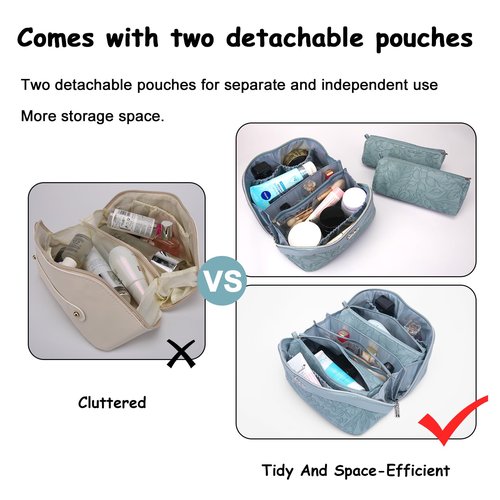 Travel Makeup Bags Cosmetic Organizer Bag: 3-Set Large Capacity Make up Bag - PU Leather Toiletry Bag for Women - Wide Open Portable Pouch with Divider & Handle (01-Light Blue)