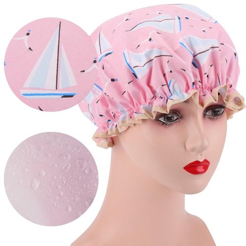 4 Pcs Shower Caps Hat for Women and Girl, Reusable Waterproof Bath Cap Double Waterproof Layers Cat and Boat Pattern