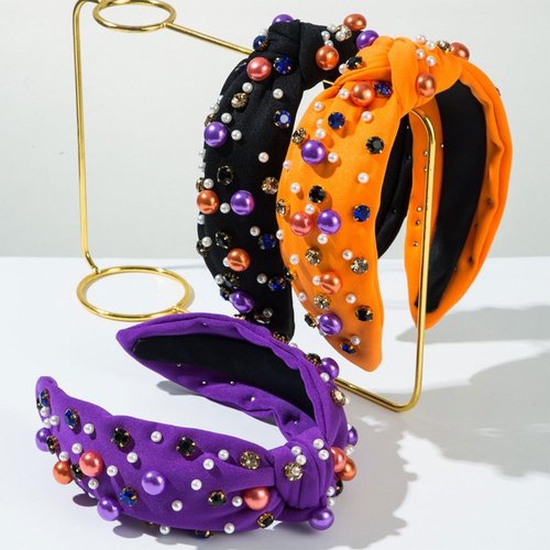 Halloween Head Bands for Women's Hair Knotted Headband With Pearl Rhinestone Hair Bands for Women's Hair Non Slip Wide Top Girls Headbands Crystal Beaded Headwear Halloween Accessories (Purple)