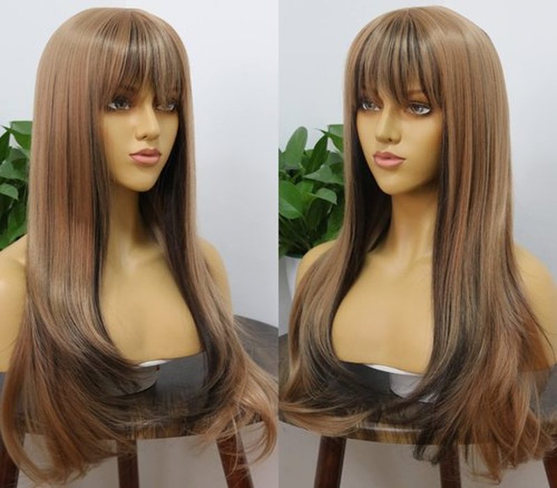 MSMYRNS Long Wavy Bang Wig Heat Resistant Synthetic Wig Light Auburn Blonde With Dark Brown Mixed Glueless None Lace Wig Fashion Fringe Unit Full Machine Made Scalp Wig