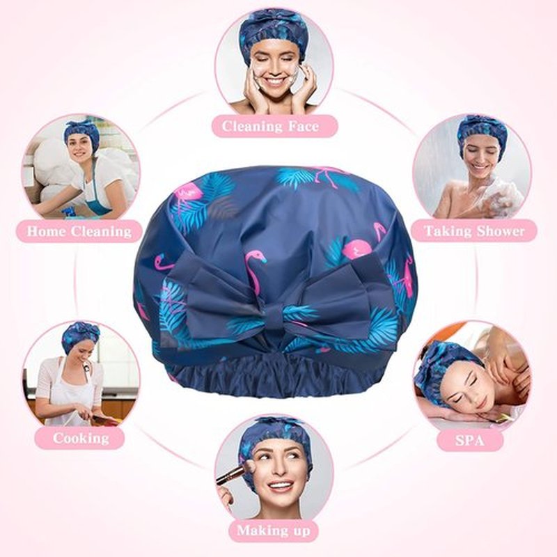 2 PCS Shower Caps, Reusable & Extra Large & Adjustable & Double Layer Waterproof Bow Knot Hair Reusable Cap for Women, Waterproof Outer & EVA Lining, for Shower, Spa, Makeup