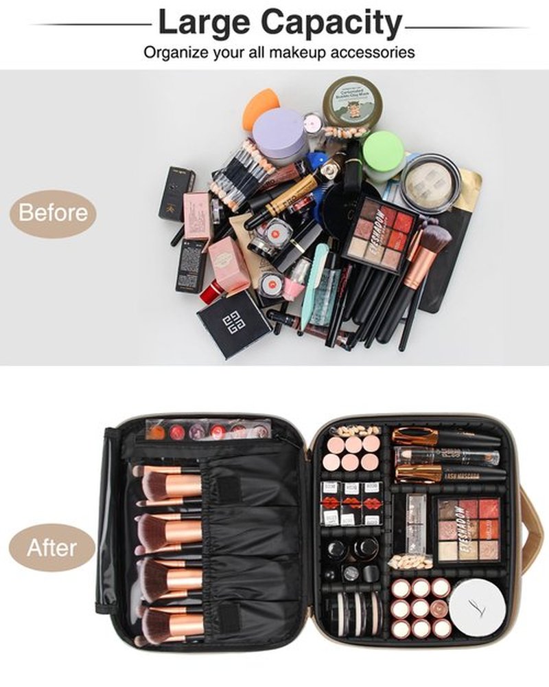 Relavel Travel Makeup Train Case Makeup Cosmetic Case Organizer Portable Artist Storage Bag with Adjustable Dividers for Cosmetics Makeup Brushes Toiletry Jewelry Digital Accessories Brown