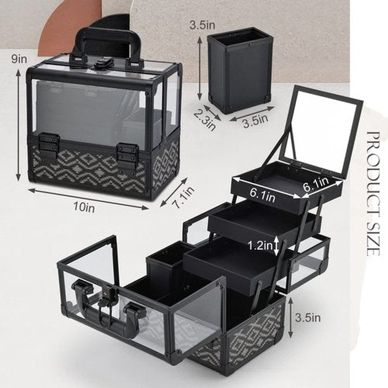 Joligrace Makeup Box 10 Inch Cosmetic Train Case with Clear Acrylic Shell Jewelry Organizer with 3 Tiers Trays, Mirror and Brush Holder Lockable Portable Travel Cosmetic Display Case Black Geometry