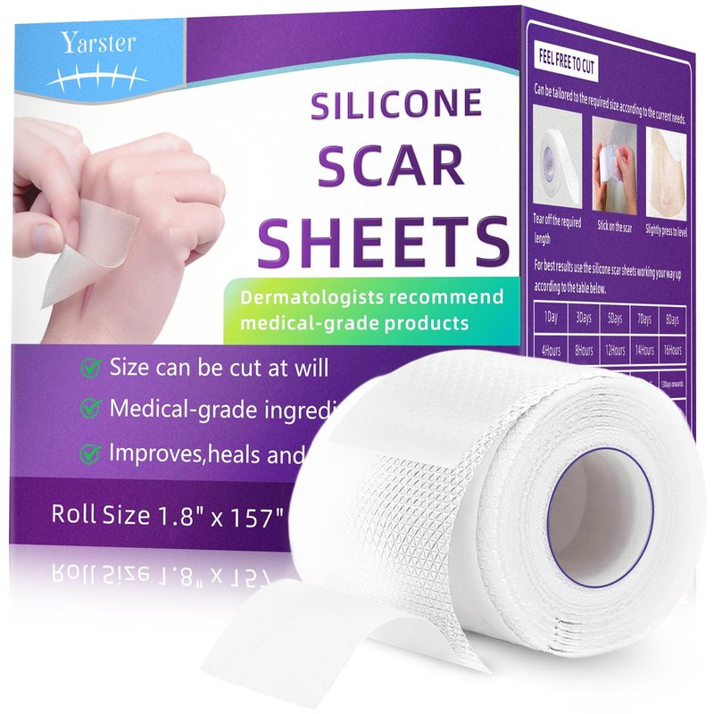 Yarster 100% Medical Grade Silicone Scar Sheets, Silicone Scar Tape(1.8"x 157" Roll-4M), Scar Tape for Surgical Scars, Burn, C-Section, Keloid Scars, Acne Treatment - Reusable