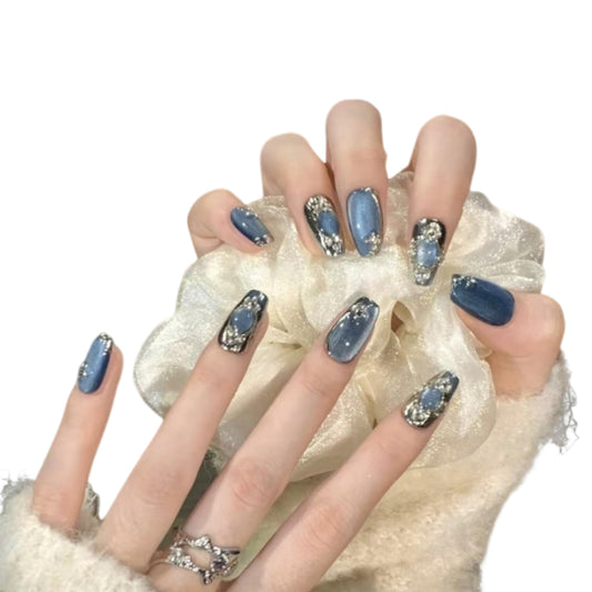 Lurenia • Lxssie Handmade French Design Press On Nails Gift Set with Hand-Painted Silver Texture, Inlaid Rhinestones, and Cat’s Eye Blue Gemstone (EXTRA SMALL-Cat’s Eye Blue Gemstone, )