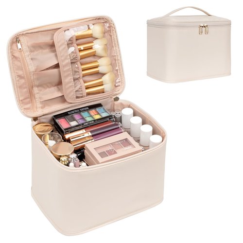 OCHEAL Makeup Bag, Portable Cosmetic Bag, Large Capacity Travel Makeup Case Organizer, Makeup Bags For Women Toiletry Bag for Girls Traveling With Handle and Divider- Beige Large
