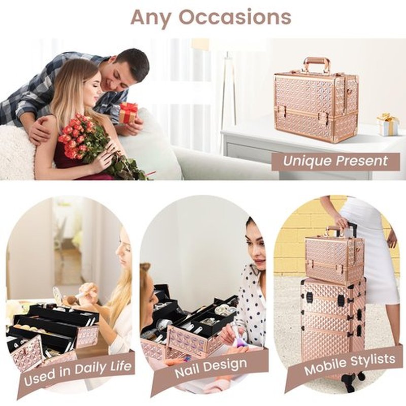 FRENESSA Extra Large Makeup Organizer Case Cosmetic Train Case 6 Trays Large Bottom with Shoulder Strap Travel Makeup Case for Makeup Artist, Cosmetology, Nail Tech Kits Makeup Box Storage Rose Gold