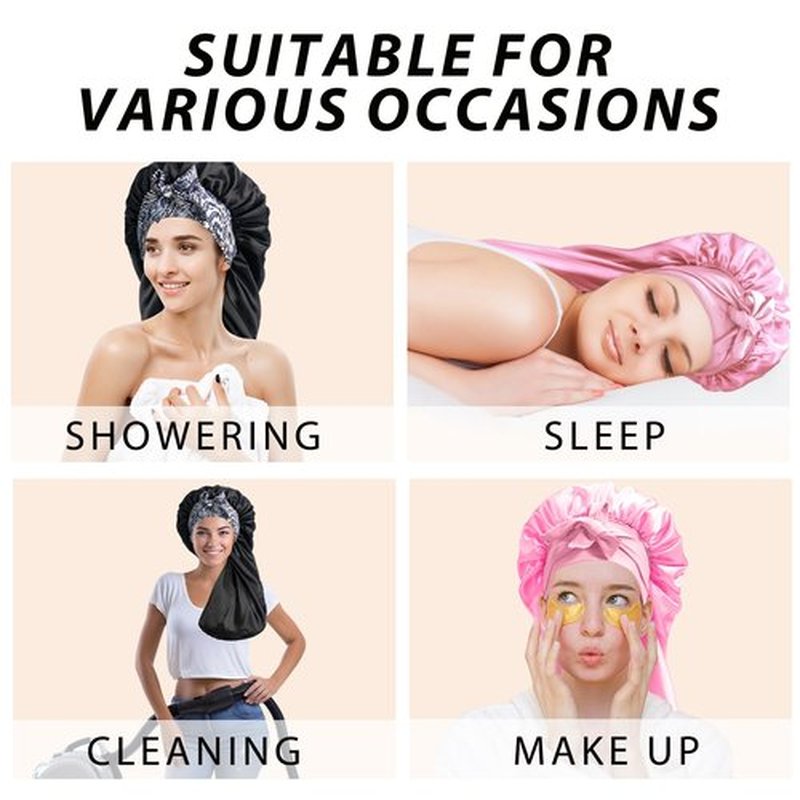 2Pack Bonnets for Black Women Braid Bonnet, Large Long Bonnet Satin Bonnet for Braids,Black Women Silk Bonnet with Stretchy Tie Band Braid Bonnet for Sleeping Extra Long (Pink &Black Pattern)