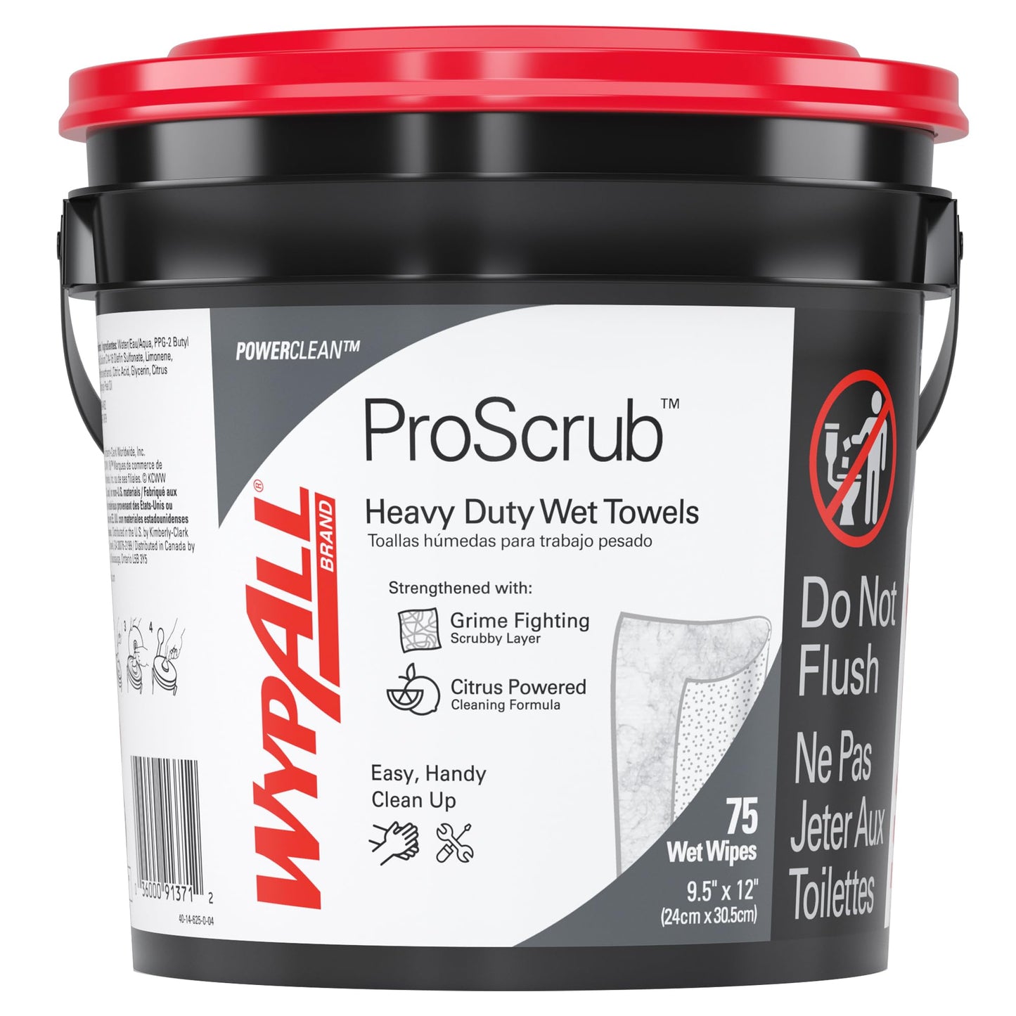 WypAll PowerClean ProScrub Heavy Duty Wet Towels (91371), Dual Action Cleaning, Large 9.5" x 12" Wipes, Bucket Included (6 Containers of 75 Sheets, 450 Sheet Total)