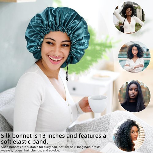 Satin Bonnet Silk Bonnet for Curly Hair Bonnet Braid Bonnet for Sleeping Bonnets for Women Large Double-Layer Adjustable(Black&Blue Zircon)