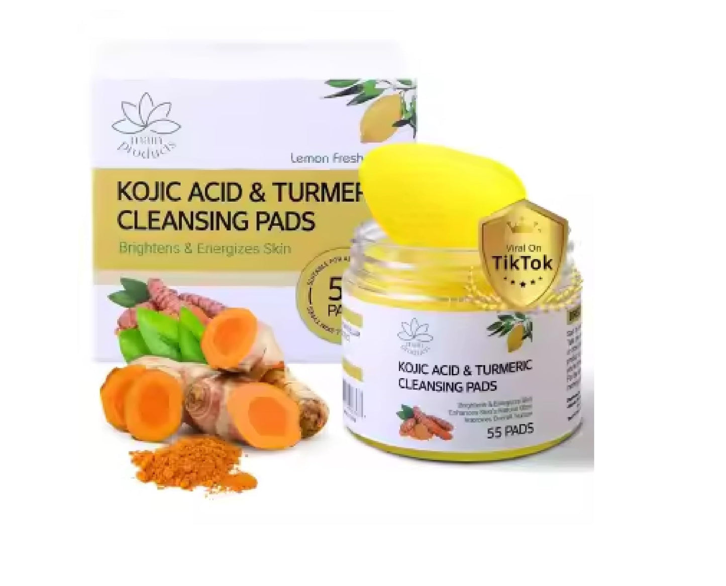 Main Products Kojic Acid and Turmeric Cleansing Pads, 55 Pcs, for Face Cleaning, Hydrating and Exfoliation.