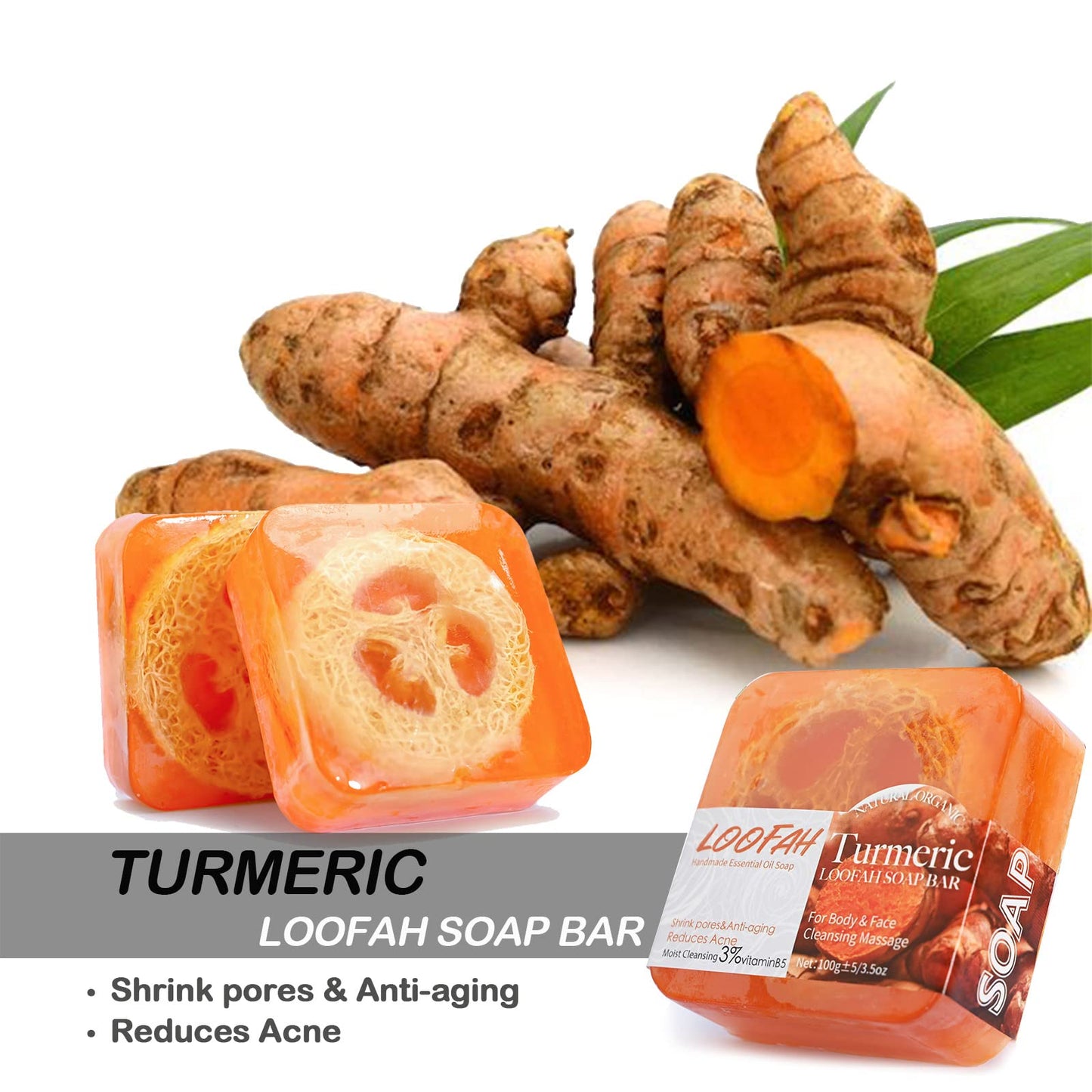 Natural Loofah Soap Bar 4PCS,Exfoliating Natural Soap with Loofah Inside-[Turmeric,Aloe,Rose,Coconut Milk],Moisturizing Handmade Soap for Face and Body