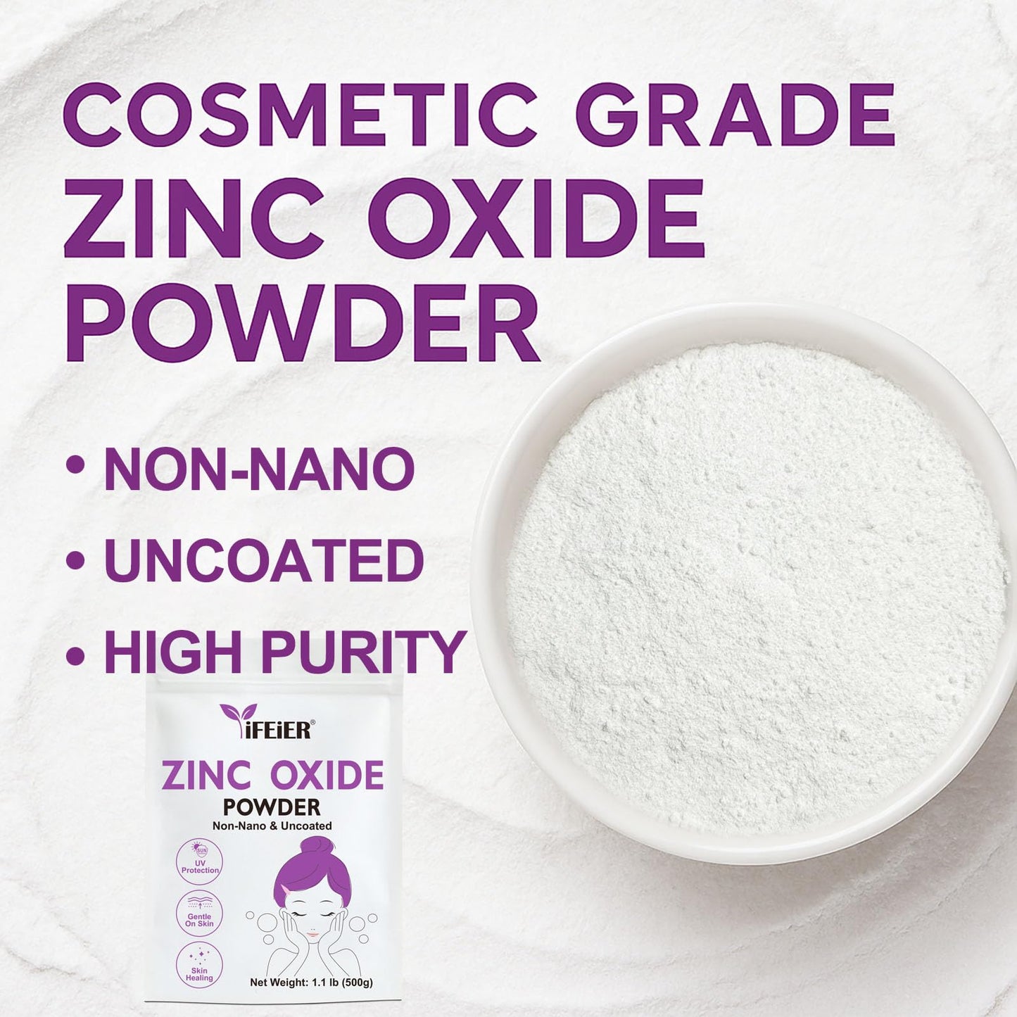 iFEiER Zinc Oxide Powder | 500g(1.1 lb) 100% Pure Non Nano Uncoted Zinc Oxide Powder for Skin Protection | Cosmetics Grade Ideal for DIY Sunscreen, Lotion, Deodorant, and Skincare