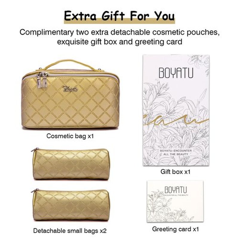 Travel Makeup Bags Cosmetic Organizer Bag: 3-Set Large Capacity Make up Bag - PU Leather Toiletry Bag for Women - Wide Open Portable Pouch with Divider & Handle (07-Gold)