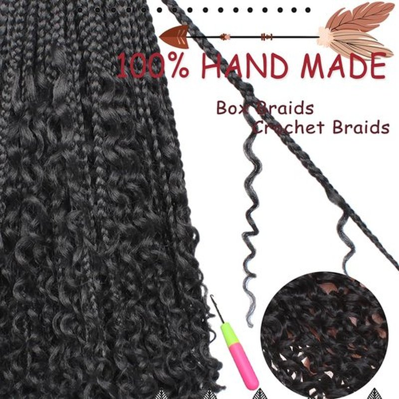 Beverlee 18 Inch Boho Box Braids 8 Packs Goddess Box Braids Crochet Hair Bohemian Hippie Braids Braiding Hair Box Braids with Curly Ends Messy Pre-looped Synthetic Crochet Hair for Women 1B#