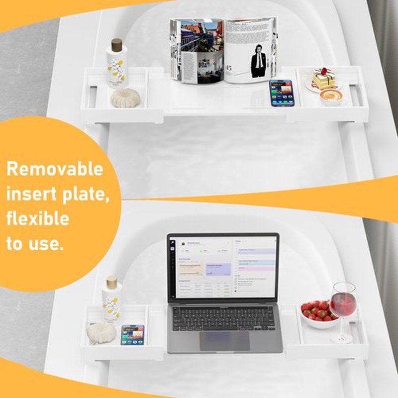 Bathtub Tray Caddy Table for Tub - Rulyyo Tub Tray Bath Caddy Tray for Bathtub, White 18-32.5 Inch Expandable Over The Tub Bath Tray for Bathtub, Waterproof Bathtub Caddy Tray for Luxury Bath