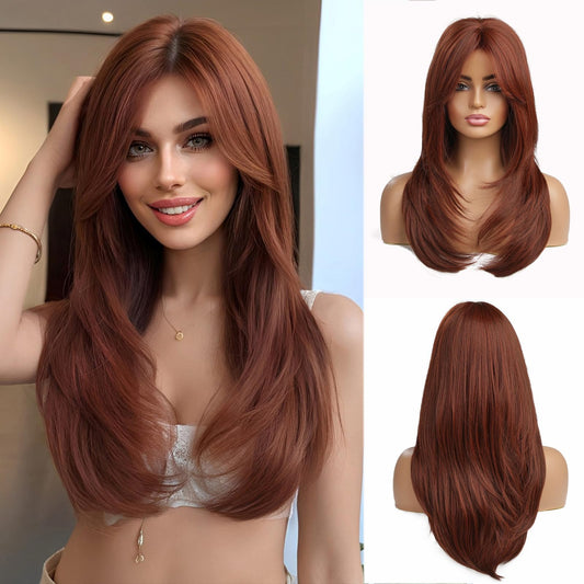 Esmee Long Auburn Women's Wig Layered Synthetic Hair Wig with Dark Roots for Everyday Party Cosplay Shooting, Wedding, Dating, Party Auburn wig - 20"