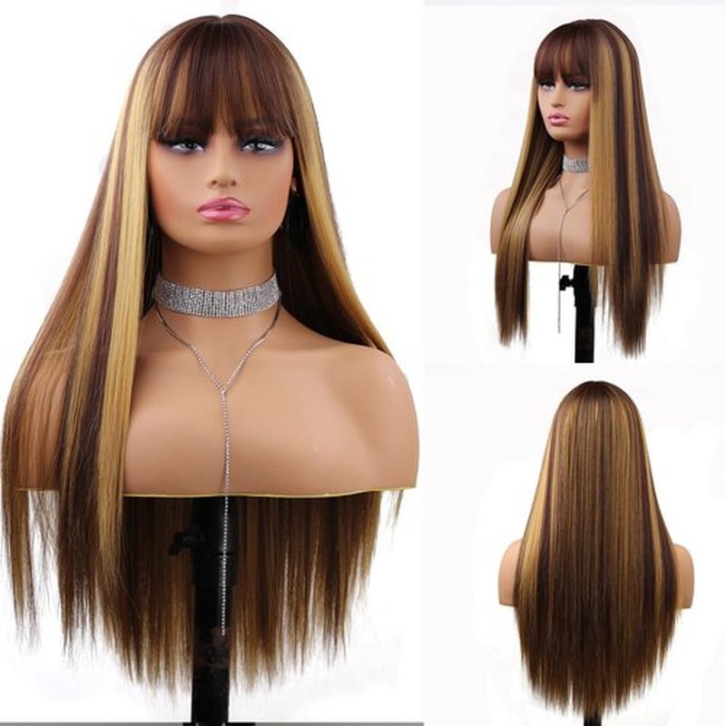 Amarlis Blonde Highlight Wigs for Women, Blonde Mix Brown Wig with Bangs Silky Soft Fiber Synthetic Wig for Daily Party Use(24 Inch,Blonde Highlight)