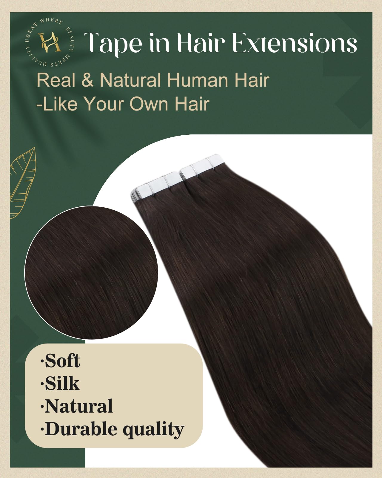 Ugeat Hair Extensions Real Human Hair Tape in Brown Remy Hair Dark Brown Tape on Real Hair Extensions Seamless Tape ins Brunette Human Hair Extensions Skin Weft for Women 14In 20pcs 40G