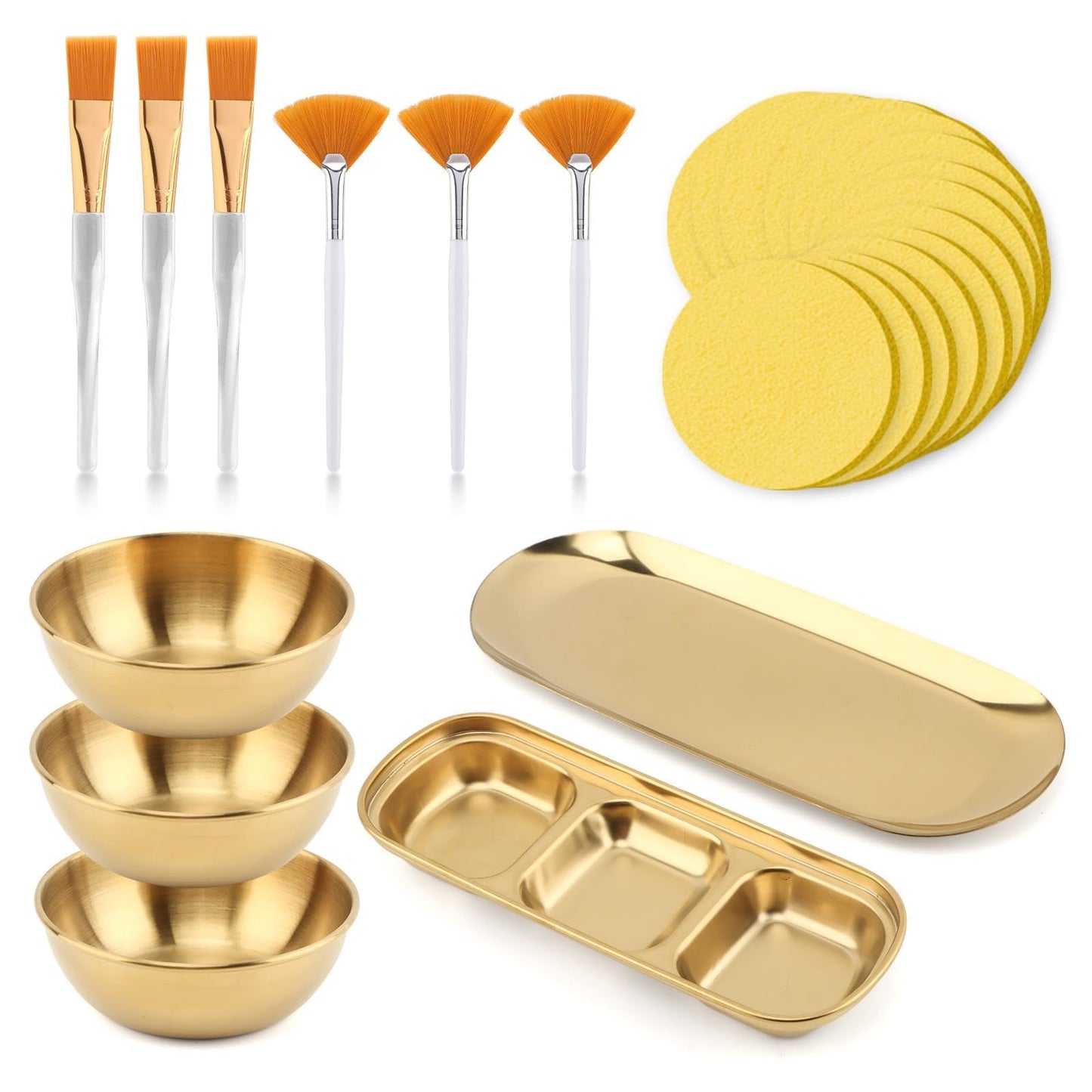 23Pcs Esthetician Supplies for Facials Set, 3 Gold Mixing Bowls Serving Tray 3- Compartment Serving Tray 3- Facial Fan Brushes 3-- Flat Brushes, 12 Facial Sponge Compressed Round