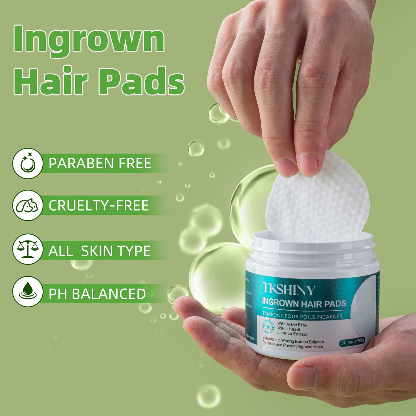 TKSHINY Ingrown Treatment Hair Pads, with AHA+BHA, Ingrown Hair Wipes For Bikini Area, Razor Bumps, Underarm , Exfoliate Skin,Ingrown Hair Serum for Face, Neck, 50 Pads