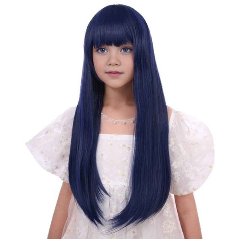 Edivd Dark Blue Wig for Kids Long Navy Blue Wig with Air Bangs for Girls Child Long Blue Straight Wig Heat Resistant Synthetic Wig with Wig Cap