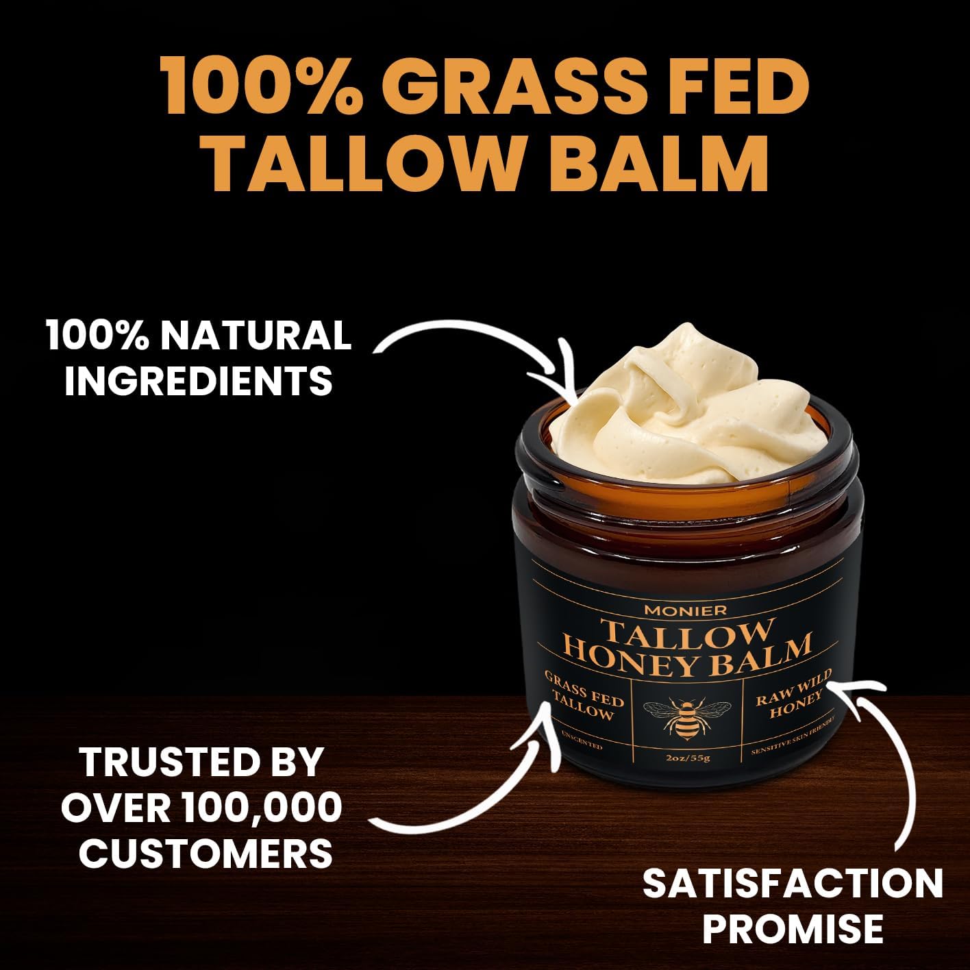 MONIER Beef Tallow and Honey Balm for Skin and Face – Moisturizer with 100% Organic Grass-Fed Beef Tallow & Raw Wild Honey – Natural Formula for Dry & Sensitive Skin – 2oz, Unscented