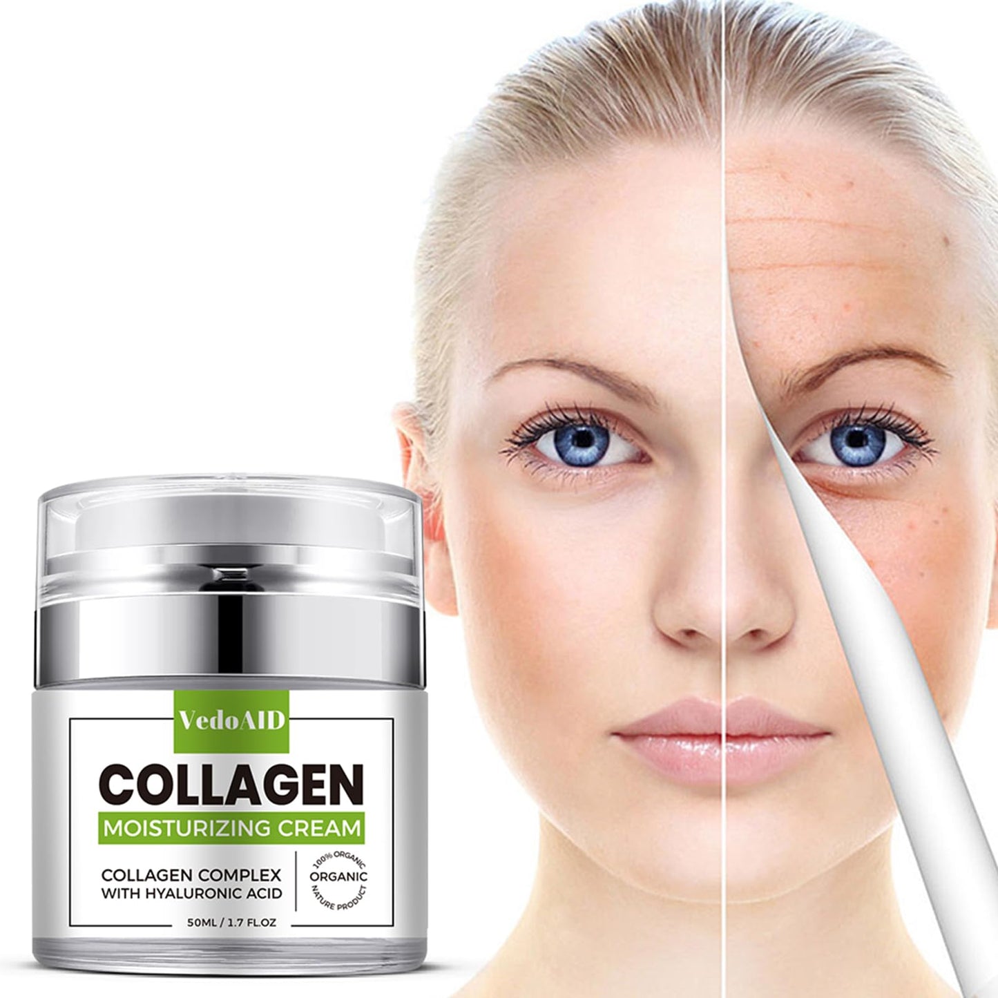 VedoAID Collagen Moisturizing Cream with Hyaluronic Acid, Deep Hydrating Anti-Aging Face Cream for Firming Skin, Day & Night Facial Moisturizer for Women & Men, 1.7 fl oz (50ml)