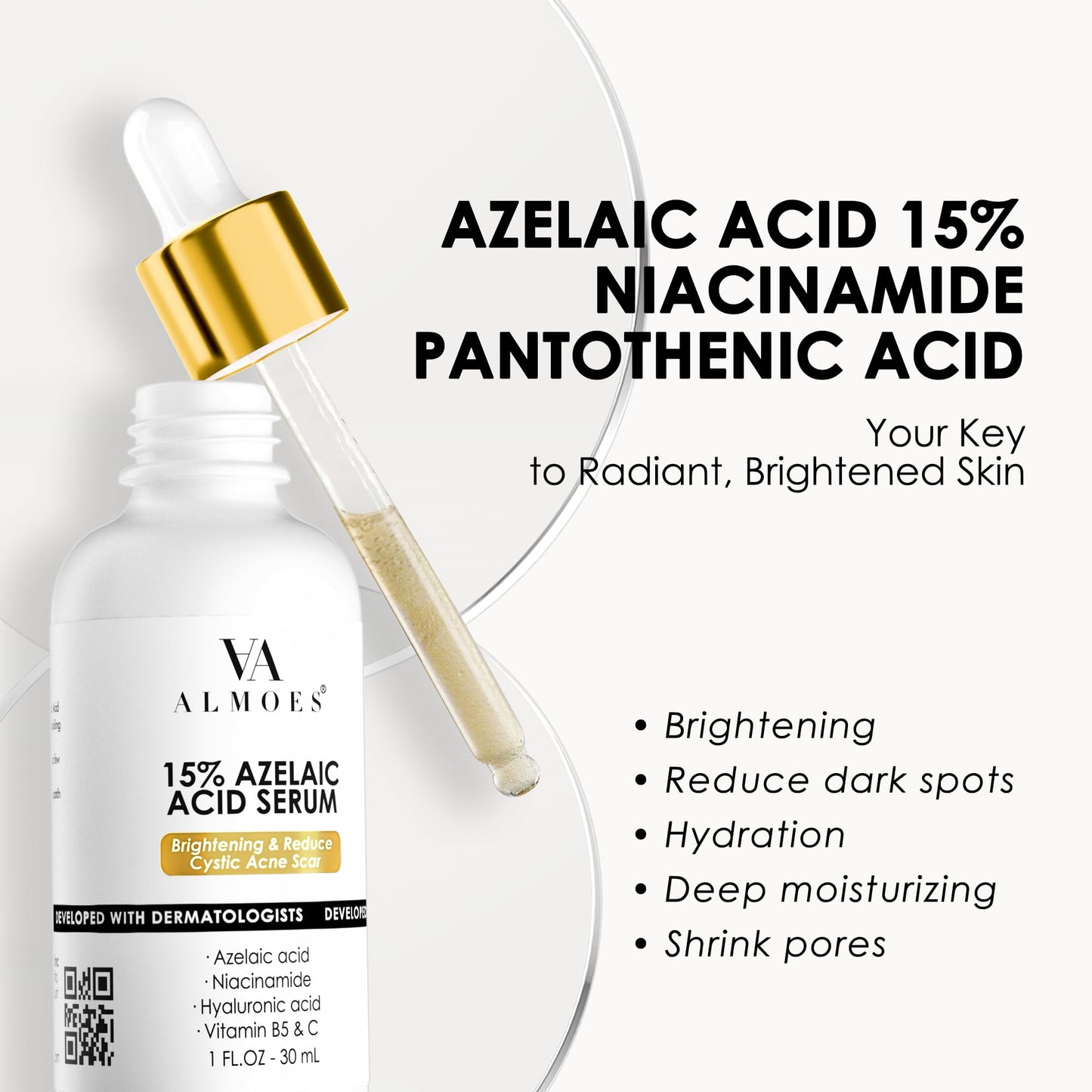 ALMOES Hydrating Serum,Hyaluronic Acid Serum for Face,Azelaic Acid 15% Serum with Tightens Pores,Moisturise Skin,Improve Skin Tone,Niacinamide Serum,Increase Skin Elasticity,Skin Care Serum,1 Fl Oz