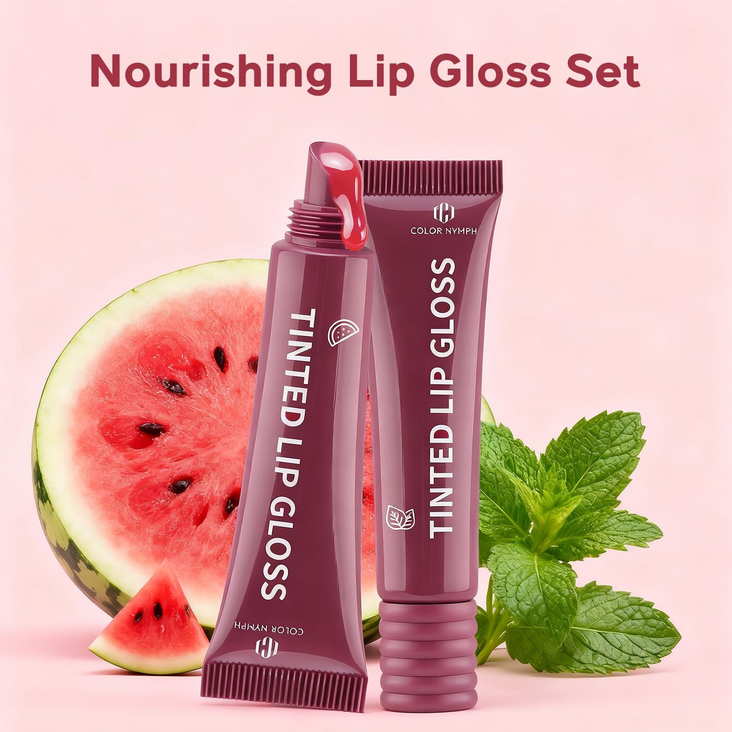 Color Nymph Tinted Lip Gloss Duo, Nourishing Lip Balm Set with Shea Butter & Vitamin E, Non-Sticky Intense Hydrating Lipgloss for Dry Lips, Sheer Tint | Vegan & Cruelty-free, #02 Watermelon & Mint