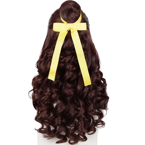Prestyled Brown Belle Wig for Women + Yellow Ribbon + Detachable Bun, 60cm Long Brown Wavy Hair Wig with Wig Cap for Halloween Costume Cosplay