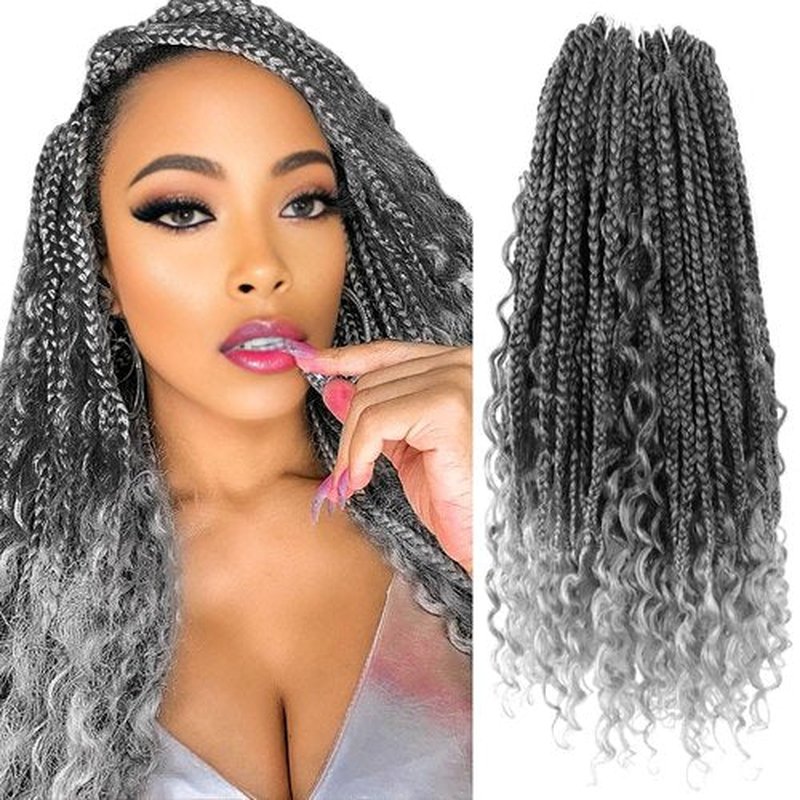 Niseyo Goddess Box Braids Crochet Hair 16 Inch 8 Packs Short Crochet Box Braids Pre Looped Curly Ends Gray Boho Style Synthetic Hair (Tgrey/Ombre Grey)