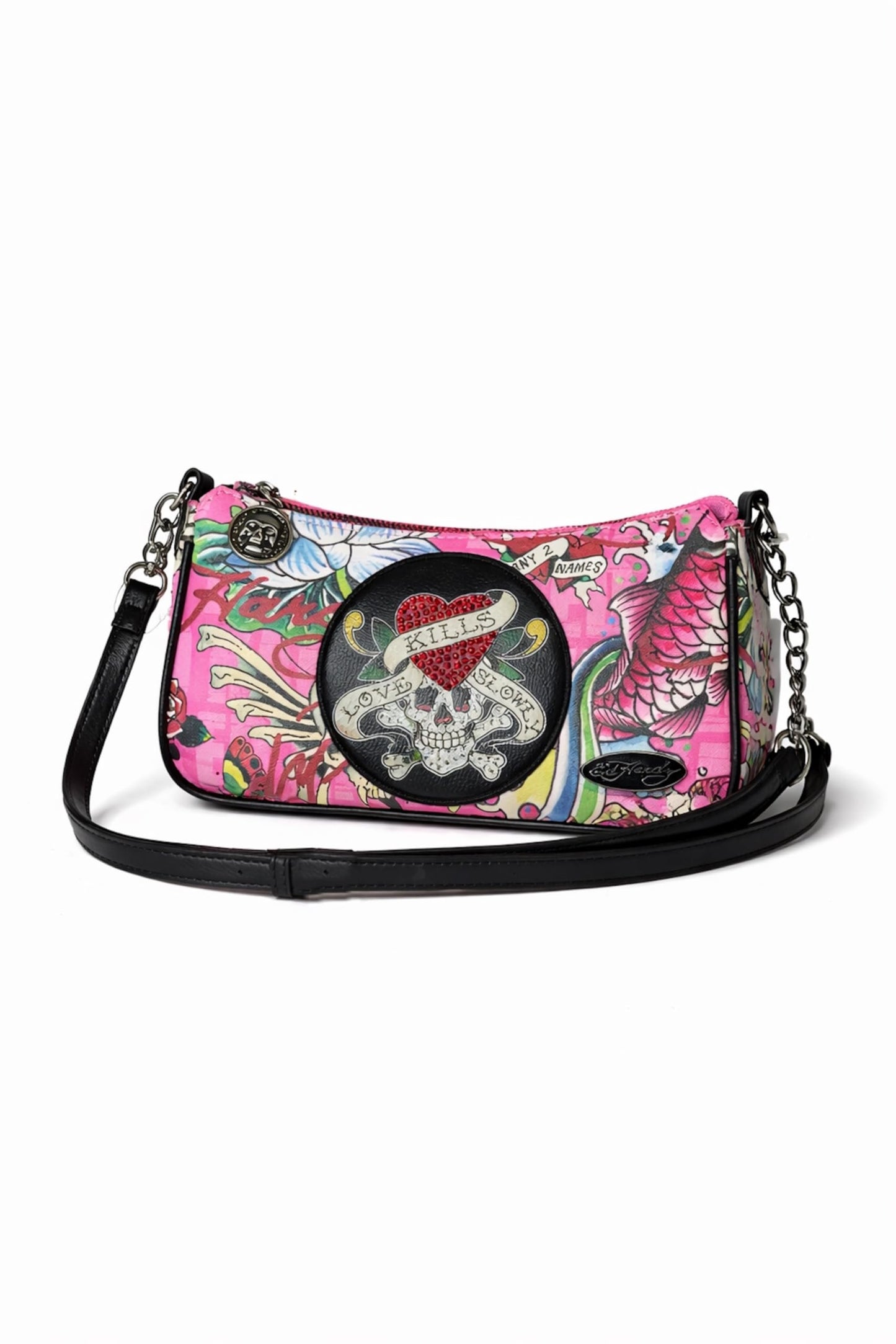 ED HARDY Women's Shoulder Bag, Chain Strap with Charm Detail, Zip Top, 9 x 4 x 2 Inches (Electric Ink Pink)