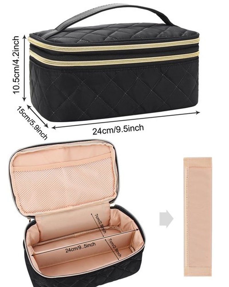 Relavel Travel Makeup Bag, Compact Cosmetic Bag for Women, Waterproof Makeup Brush Holder Organizer with Adjustable Dividers (Black)