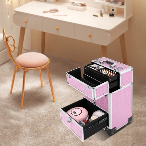YIYIBYUS Manicure Storage Case, Makeup Trolley Rolling w/Wheels, Rolling Nail Case, Polish Organizer Makeup Train Case Durable Large Capacity Organizer w/lock for Studio or Travelling (Pink)