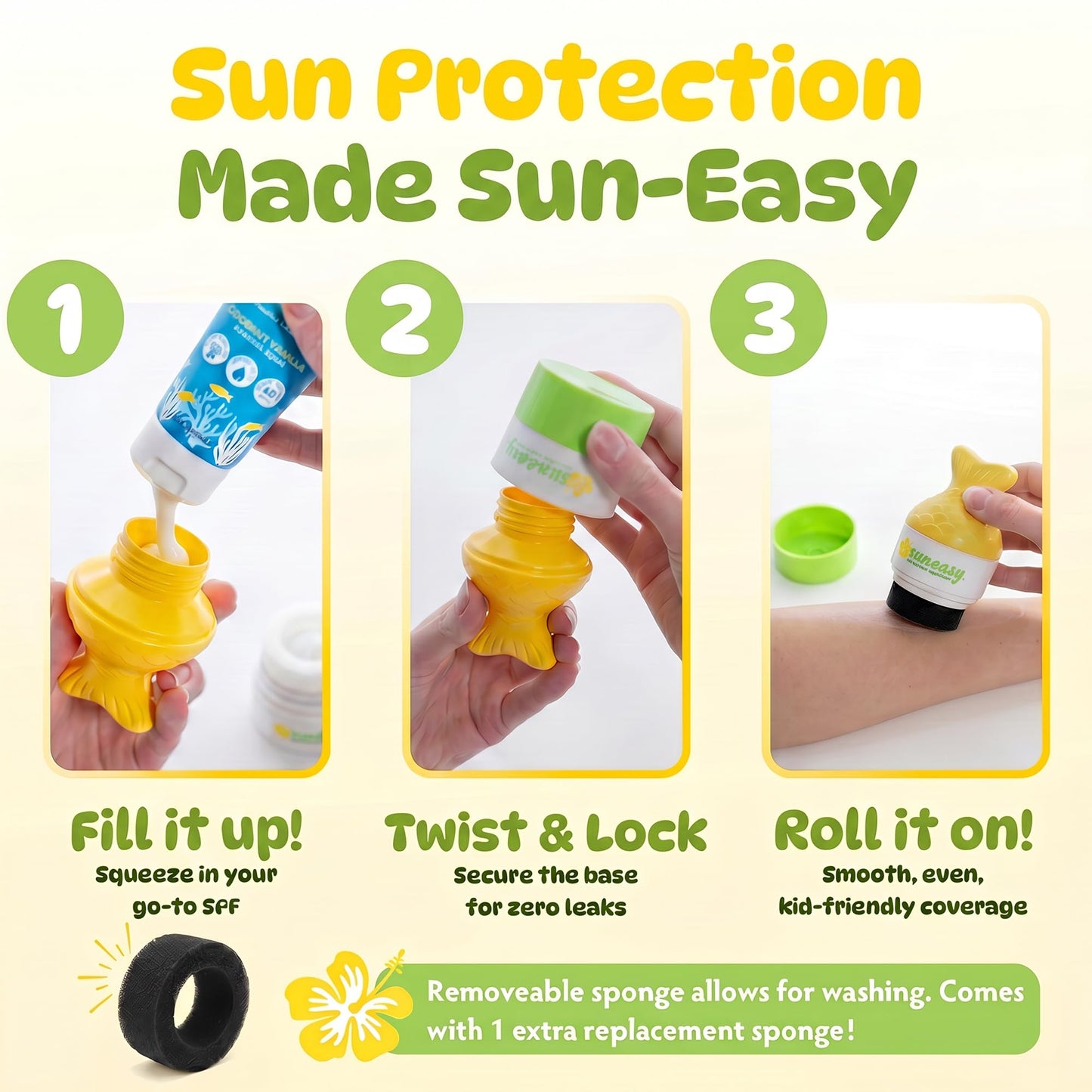 Sun-Easy Sunscreen Applicator for Kids and Family, Refillable, Quick & Easy Roller Application with Sponge, Mess-Free Sunscreen Lotion Toy, 80 ml Fish Pink Cap