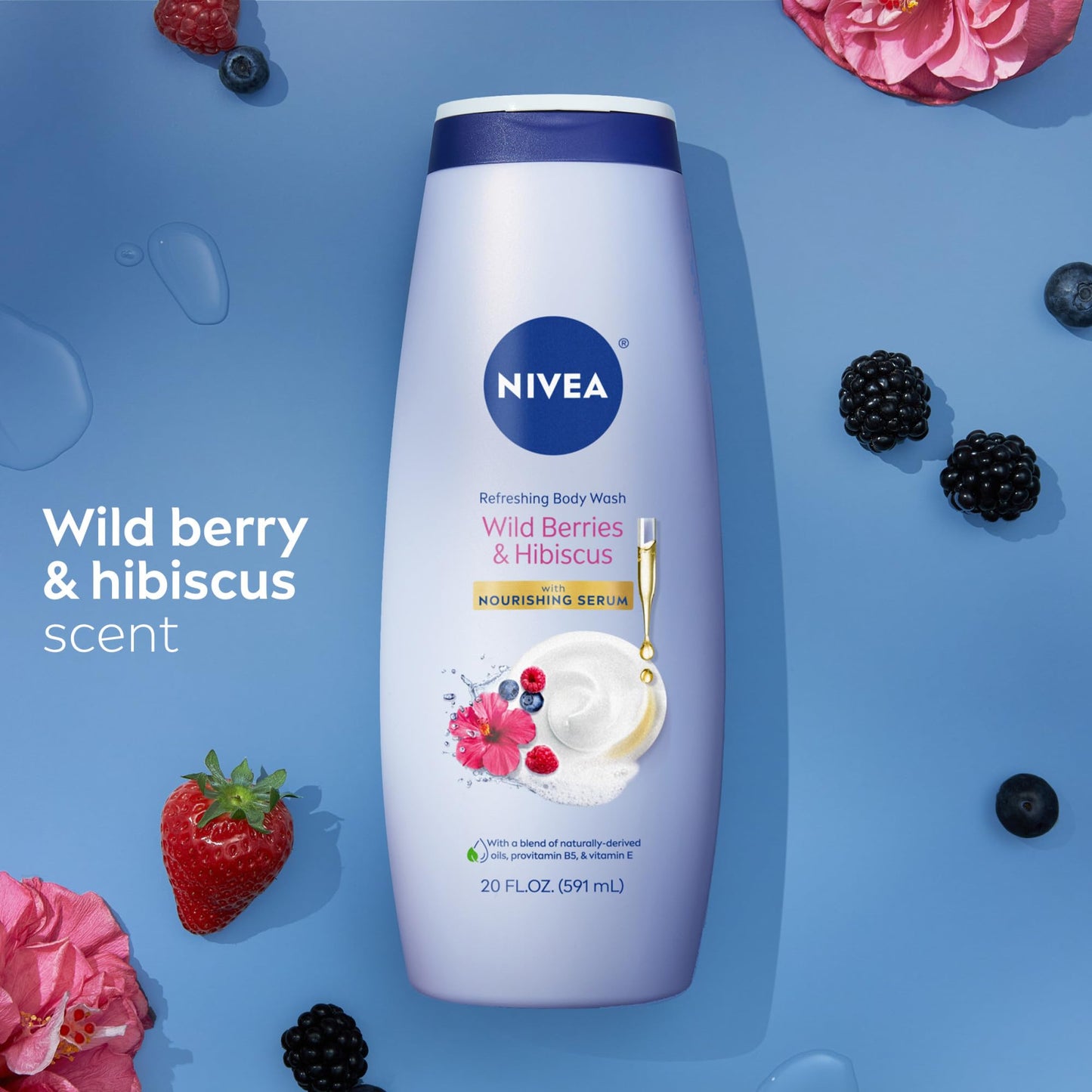 NIVEA Refreshing Wild Berries and Hibiscus Body Wash with Nourishing Serum, Scented Body Wash for Women, Enriched with Provitamin B5 and Vitamin E, 20 Fl Oz Bottle