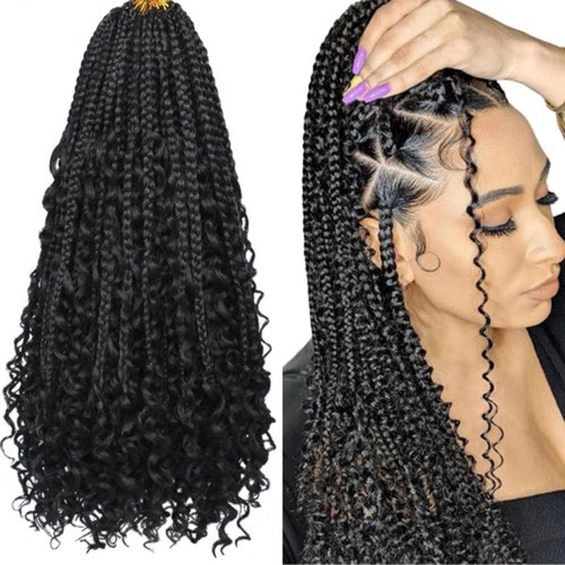 Beverlee 18 Inch Boho Box Braids 8 Packs Goddess Box Braids Crochet Hair Bohemian Hippie Braids Braiding Hair Box Braids with Curly Ends Messy Pre-looped Synthetic Crochet Hair for Women 1B#