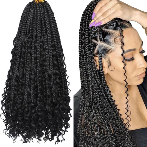 Beverlee 18 Inch Boho Box Braids 8 Packs Goddess Box Braids Crochet Hair Bohemian Hippie Braids Braiding Hair Box Braids with Curly Ends Messy Pre-looped Synthetic Crochet Hair for Women 1B#